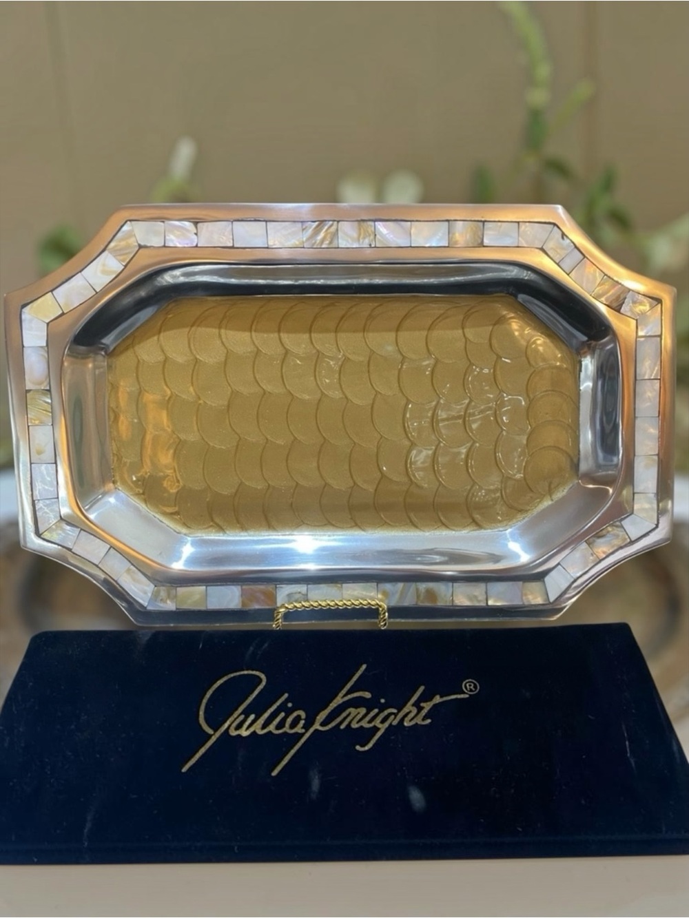 Julia Knight Mother Of Pearl Inlaid Silver Tray Enamel Kiwi Color Charcuterie